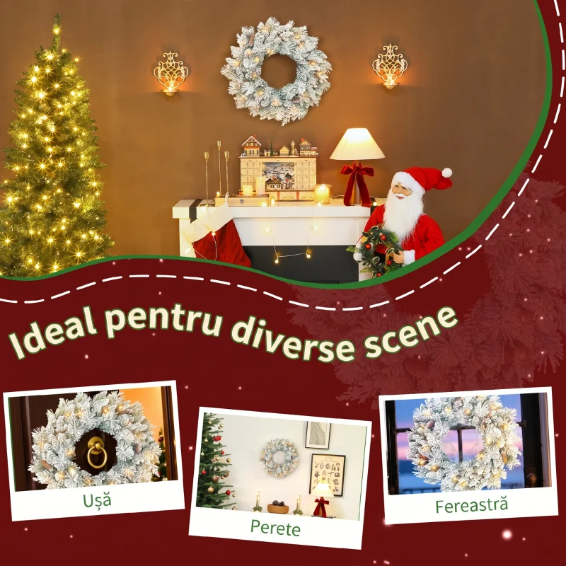 Ghirlanda de Crăciun HOMCOM de 60 cm cu Ramuri Înzäpezite, 35 Lumini LED cu Temporizator și Conuri Decorative