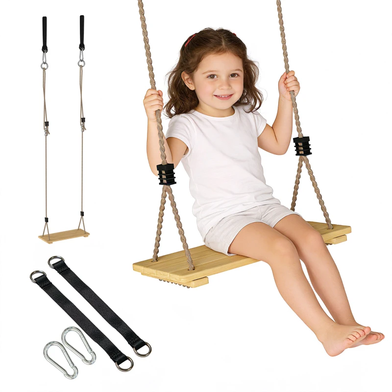 AIYAPLAY Wooden Swing Seat, Kids Swing Set with Adjustable Rope and Tree Straps, Outdoor Playground Playset for Kids