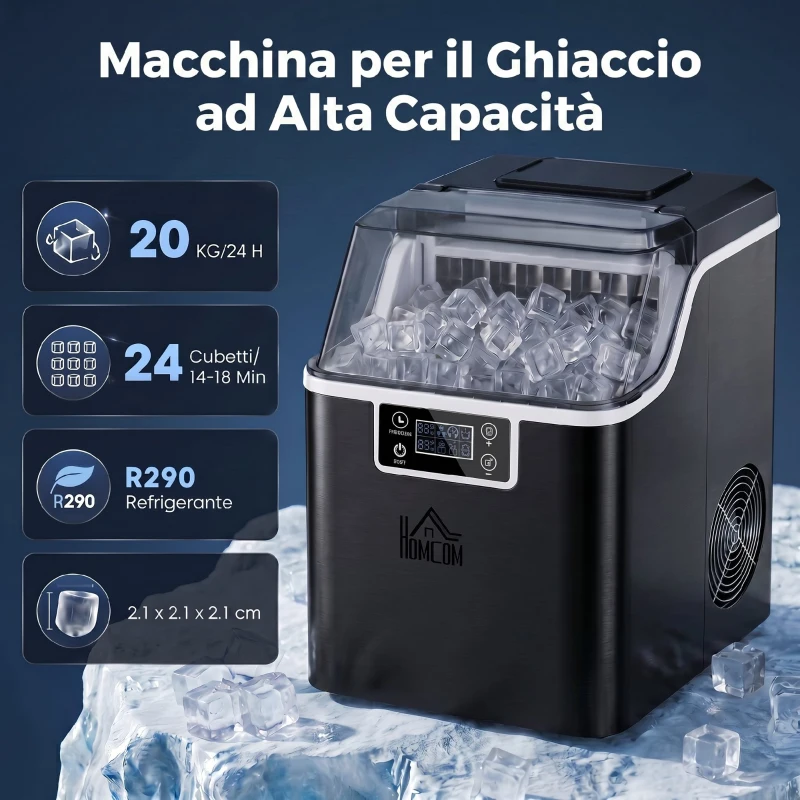 HOMCOM Macchina per Ghiaccio 20kg in 24 Ore, 24 Cubetti in 14-18 Minuti e Sistema Autopulente, Nero