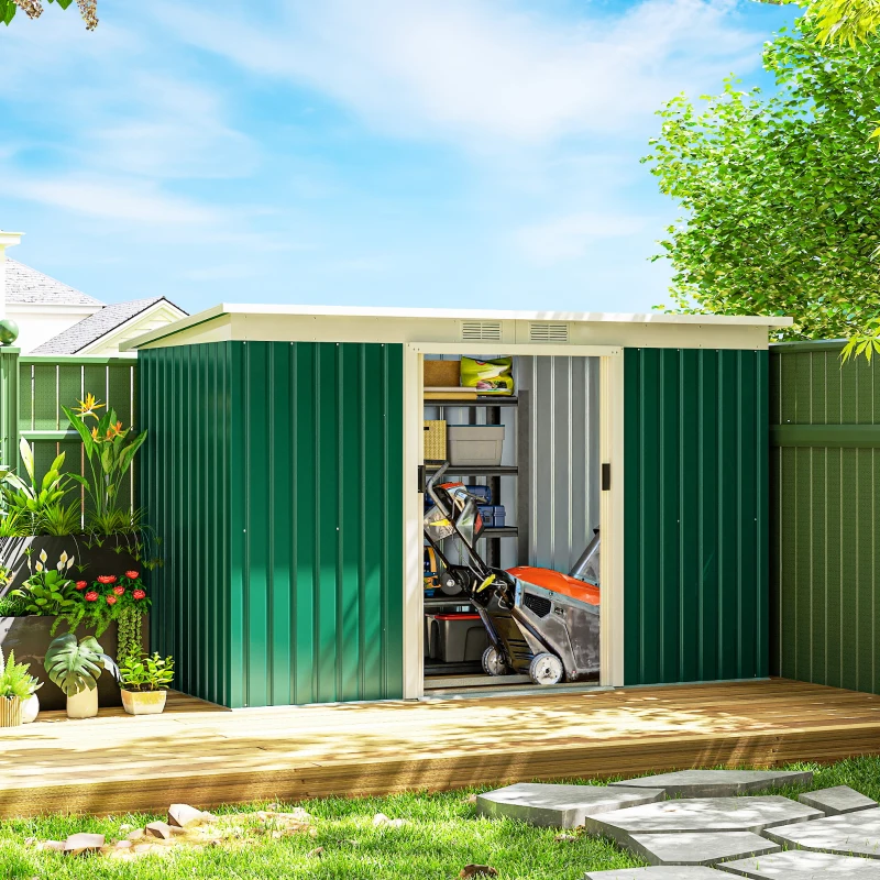 Outsunny Abri de jardin 3,6 m² 280 x 130 x 172 cm kit de fondation porte coulissante ventilations acier galvanisé vert foncé