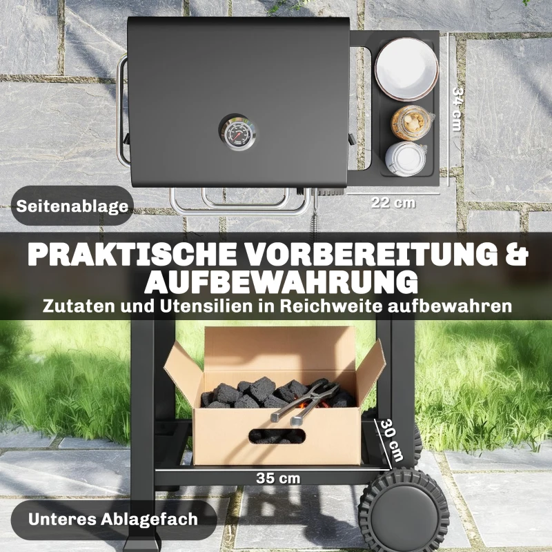 Outsunny Holzkohlegrill Kompakt Grillwagen mit Deckel Thermometer Grillrost Seitentisch Aschefach Lüftungsschlitzen