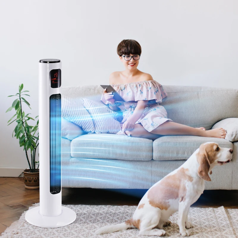 HOMCOM Turmventilator mit Fernbedienung, 96 cm Säulenventilator, 45 W Standventilator mit LED-Anzeige, 70° oszillierend, 3 Modi, Timer, 3 Geschwindigkeiten Weiß