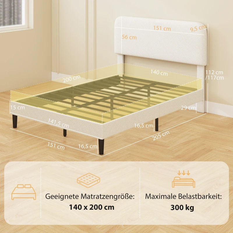 HOMCOM Bett 140x200 cm Bettgestell mit verstellbarem gepolstertem Teddy-Fleece-Kopfteil, einfache Montage, Weiß