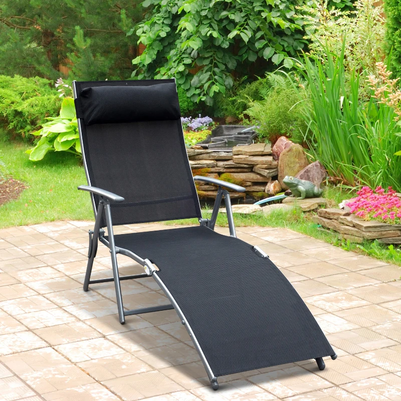 Outsunny transat Chaise Longue Bain de Soleil Pliable Dossier inclinable Multi-Positions têtière fournie 137L x 64l x 101H cm métal époxy textilène Noir
