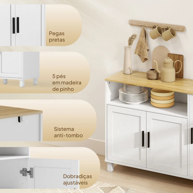 HOMCOM Aparador de Sala com Prateleiras Ajustáveis Compartimento Aberto Pernas de Madeira 110x33x75 cm Branco