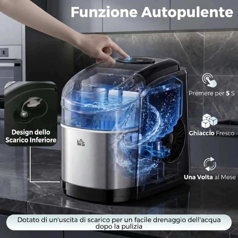 HOMCOM Macchina del Ghiaccio Autopulente da 9 Cubetti in 6-12 Minuti, in PP e Acciaio Inox, 24.2x35.3x33 cm, Nera