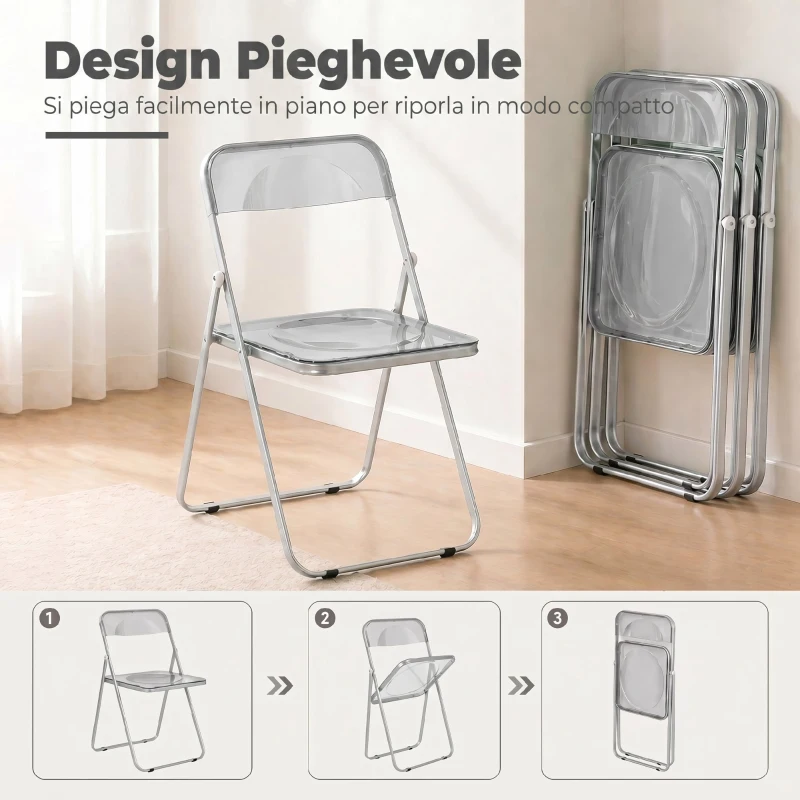 HOMCOM Set da 4 Sedie Pieghevoli in Acrilico Trasparenti, Grigio