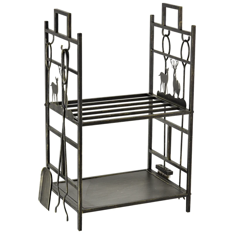 Outsunny 2 Tier Metal Firewood Log Holder Rack Wood Storage Shelf with 4 Tools, Hooks, Elk Shape Design, Gold Tone