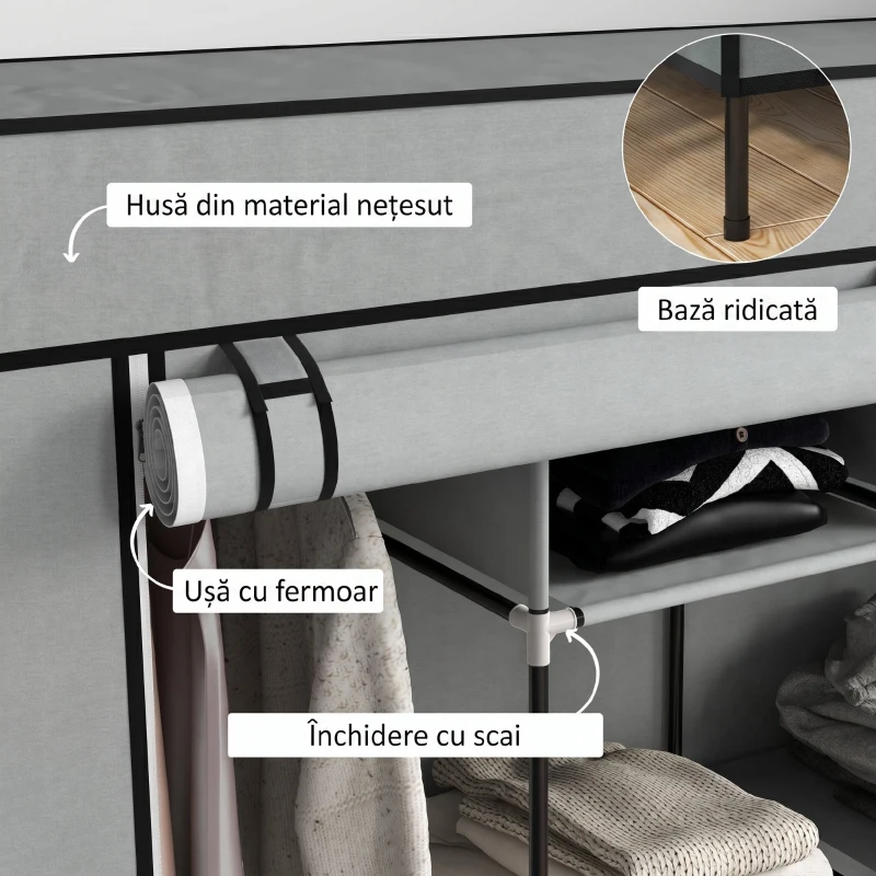 HOMCOM Dulap din Material Textil și Oțel cu 10 Compartimente, 4 Sertare și Uși cu Fermoar, Gri