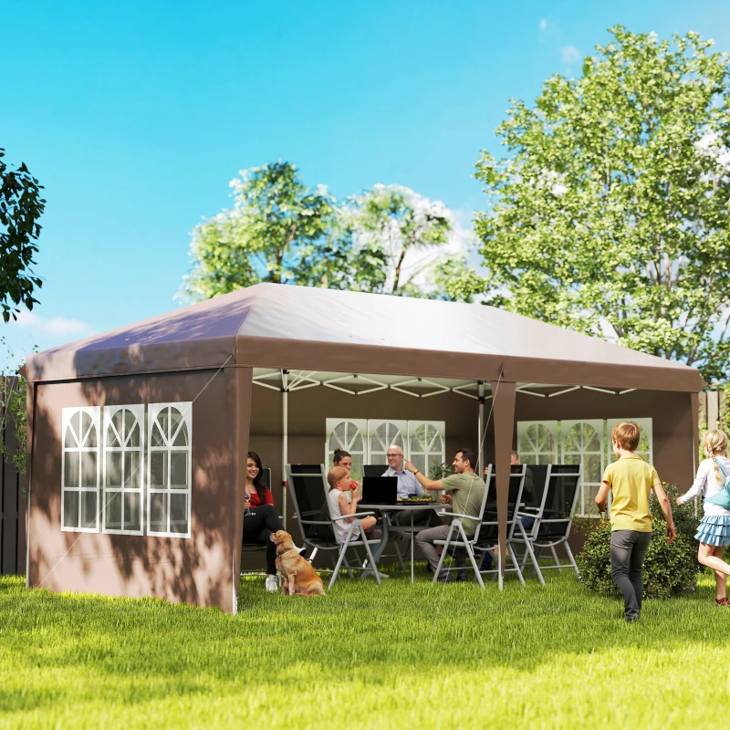 Outsunny Carpa Plegable 6x3 m Pop-up con 4 Laterales Desmontables Cenador de Jardín con 4 Ventanas y Bolsa de Transporte Café