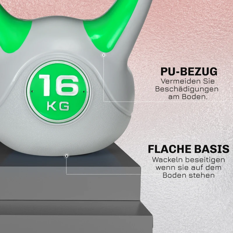 SPORTNOW Kugelhantel, Kettlebell, 16 kg, flache Unterseite, großer Griff, Gewichtkugel, Grün, 27 x 17 x 31 cm