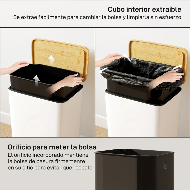 HOMCOM Cubo de Basura Cocina con Pedal 20L Tapa Cierre Suave Cubo Interior Extraíble 29,5x29,5x56,8 cm Blanco y Natural