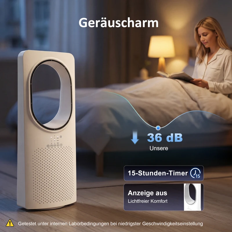 HOMCOM Bladeless Turmventilator für Schlafzimmer, 36 dB Standventilator mit 45° Oszillation, 3 Geschwindigkeiten, 3 Modi, 15-Stunden-Timer, Weiß