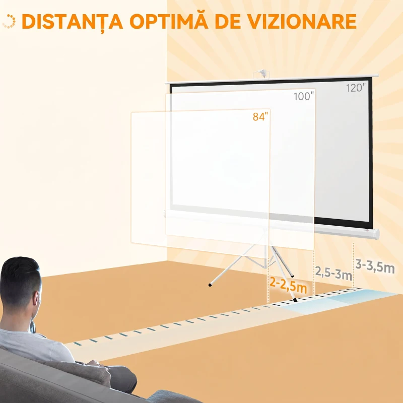 HOMCOM Ecran Proiector 84 Inch cu Trepied Reglabil, din Plastic și Metal, 200x8x118 cm, Alb