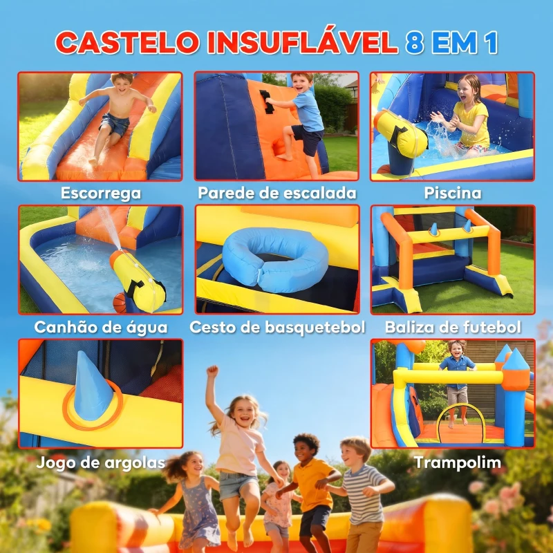 AIYAPLAY Castelo Insuflável Aquático 8 em 1 com Soprador de 550W Escorrega Trampolim Escalada Piscina Baliza Cesto de Basquetebol e Jogo de Lançamento