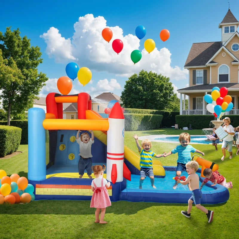 AIYAPLAY 5-in-1 Springkasteel, met Waterglijbaan, Plonsbad, Waterspuit, Snel Opblaasbaar, 360 x 250 x 195 cm, Kleurrijk