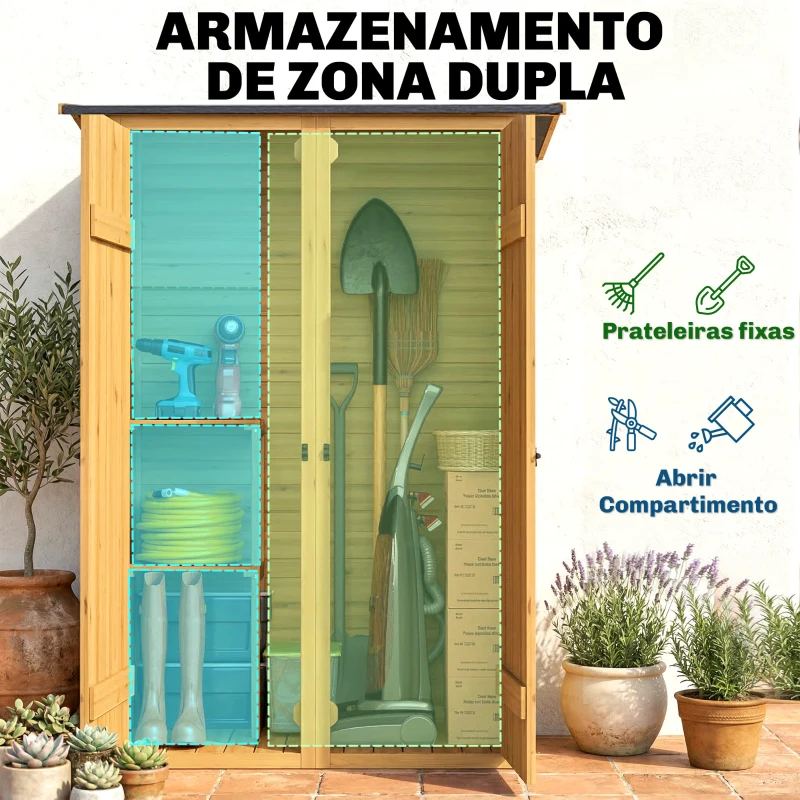 Outsunny Abrigo de Jardim de Madeira 115x53x156 cm Armário Exterior para Ferramentas com Portas Duplas Castanho