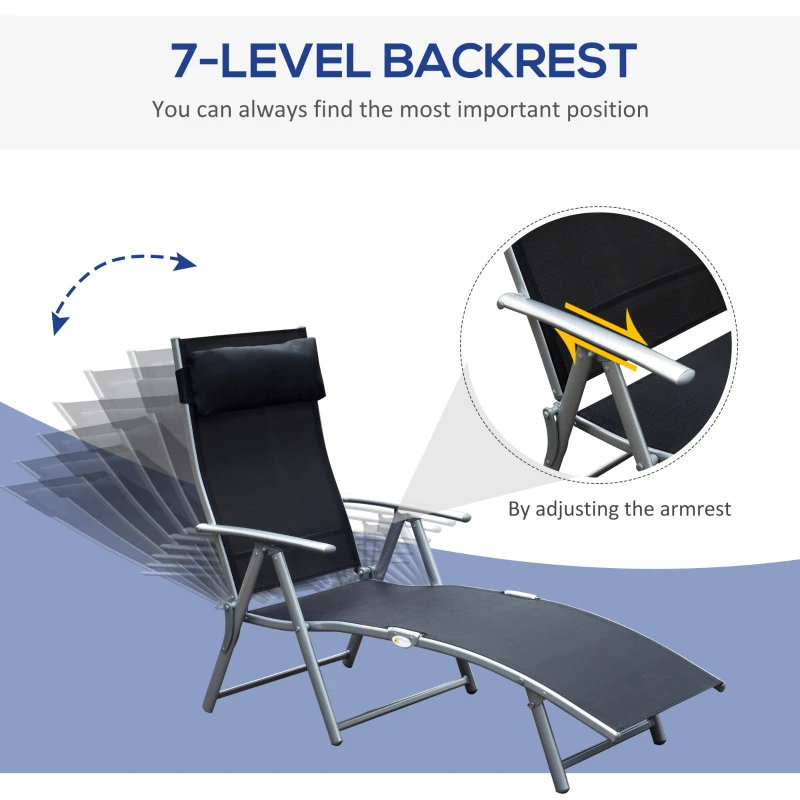 Outsunny Outdoor Recliner Sun Lounger Chair, Steel Frame Folding Chaise Lounge Chair with Headrest, 7 Levels Adjustable Backrest and Breathable Mesh Fabric, Black
