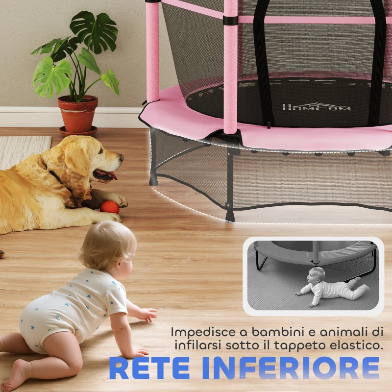 HOMCOM Tappeto Elastico per Bambini con Rete di Sicurezza e Pali Imbottiti Età 3-10 Anni, Ø140 x 190 cm, Rosa