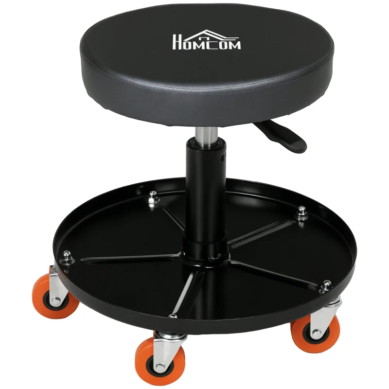 HOMCOM Rolling Mechanical Stool, Pneumatic Adjustable Workshop Stool with Tool Tray, Wheels - Black