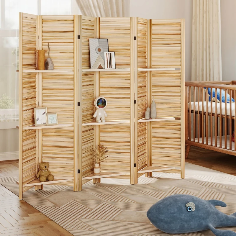 HOMCOM Paravent intérieur en bois 4 panneaux 160 x 170 cm, séparateur de pièce pliable 3 étagères, bois naturel effet brûlé