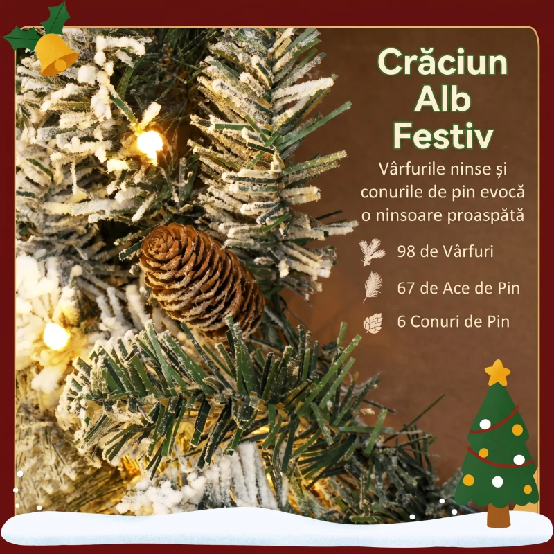 Ghirlanda de Crăciun HOMCOM de 60 cm cu Ramuri Înzäpezite, 35 Lumini LED cu Temporizator și Conuri Decorative