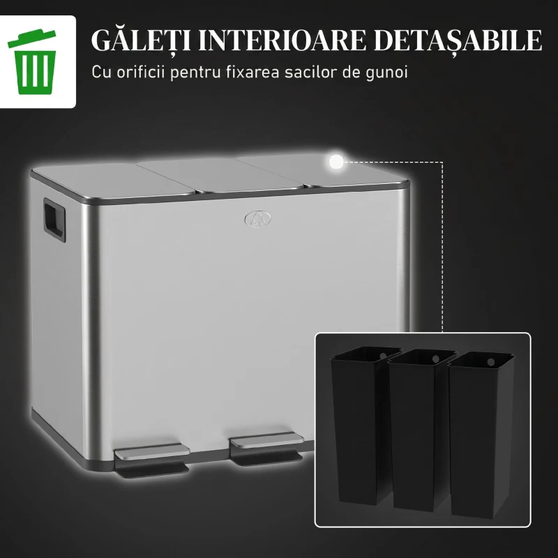 HOMCOM Coș de Gunoi cu 3 Compartimente de 20L cu Închidere Silențioasă, din Oțel Inoxidabil și PP, 61.9x36.6x56.7 cm