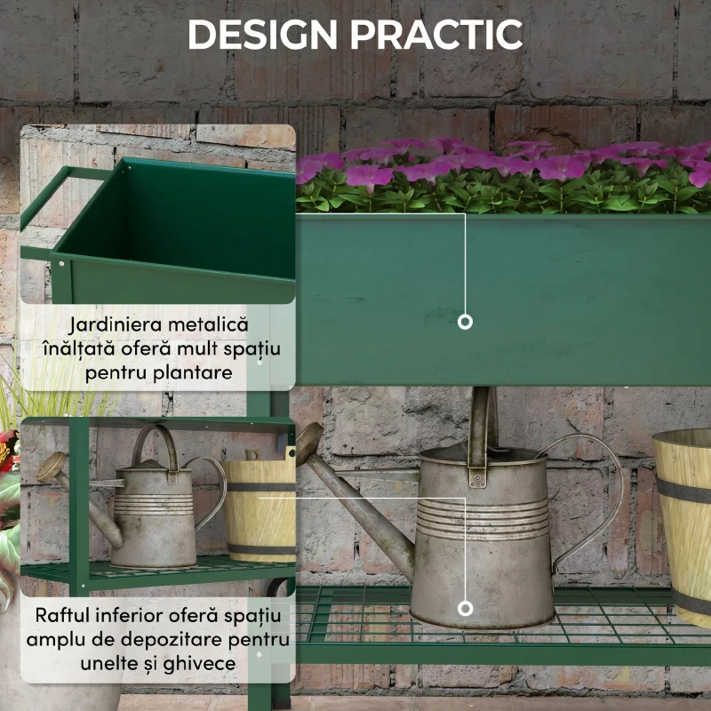 Outsunny Jardinieră de Exterior cu Raft Inferior pentru Unelte, din Metal, 109x44x80 cm, Verde