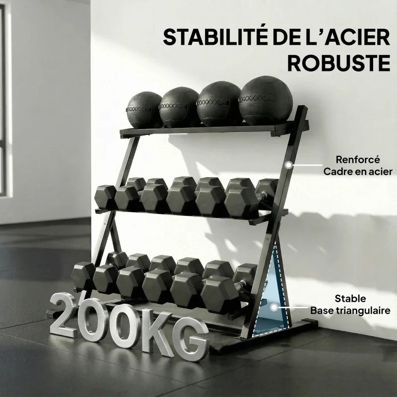 SPORTNOW Support pour haltères à 3 niveaux, support de poids réglable en acier pour haltères, kettlebells, noir