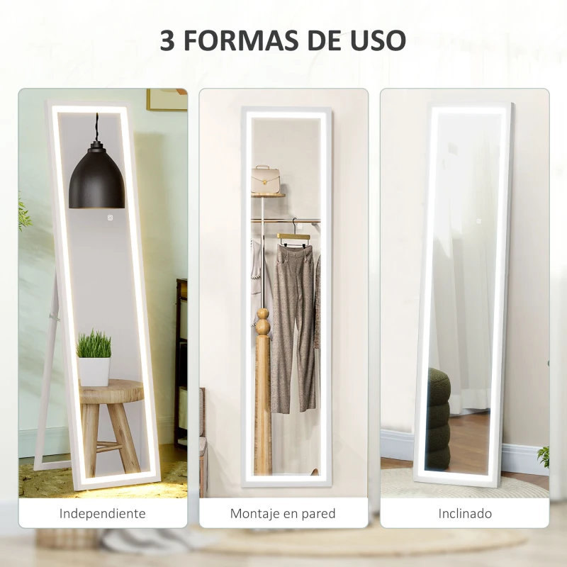 HOMCOM Espejo de Cuerpo Entero con Luz LED 160x40 cm con Iluminación de 3 Colores Táctil Inteligente Función de Memoria Blanco