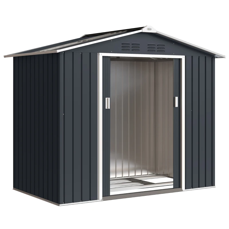 Outsunny Abri de jardin en métal 2,77 m² cabane de jardin 213 x 130 x 185 cm avec fondation, porte coulissante gris foncé
