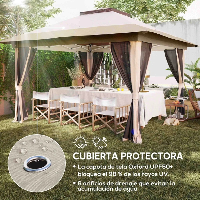 Outsunny Cenador Plegable 3,6x3,6 m con Laterales de Malla UPF50+ Altura Ajustable Bolsa con Ruedas y Bolsas de Arena Beige