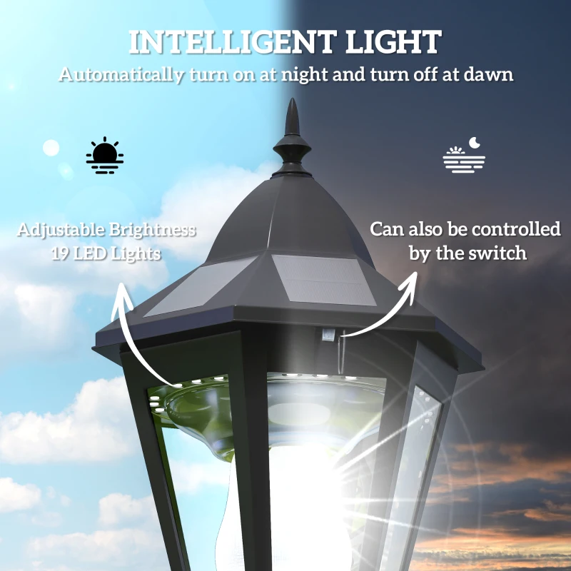 Outsunny 1.9M Garden Lamp Post Light, IP44 Outdoor LED Solar Powered Lantern Lamp with Aluminium Frame for Patio, Pathway and Walkway, Black