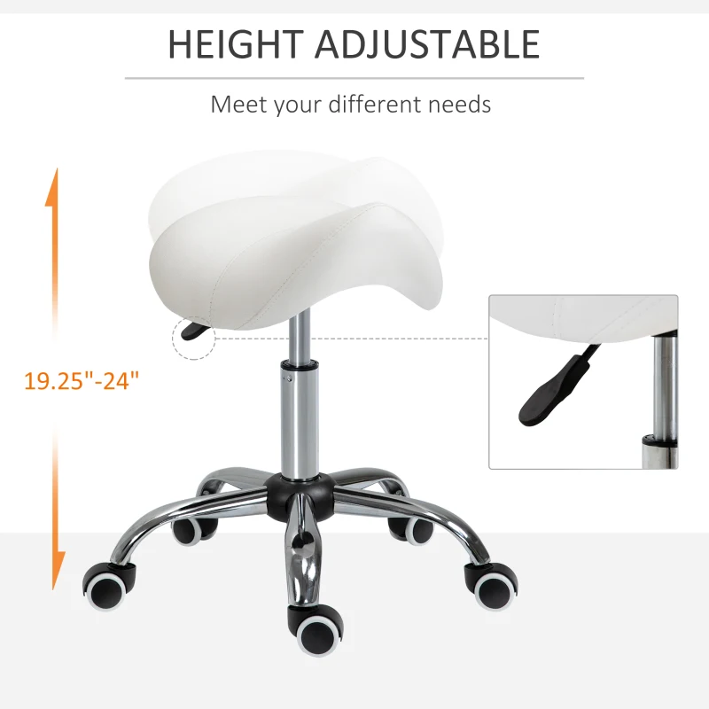 HOMCOM Height Adjustable Saddle Stool with Swivel Wheels, Faux Leather Salon Chair for Hairdressing, Beauty, Tattoo, White(m-14)
