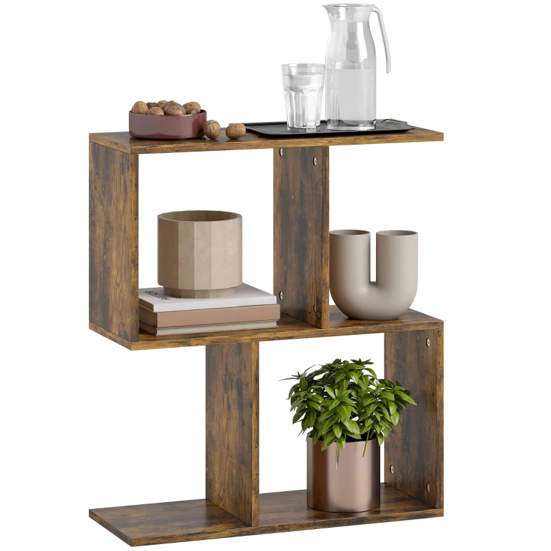 HOMCOM Side Table, Narrow End Table with Storage Shelves, S-Shaped, 3-Tier, 50W x 19.5D x 58H cm, Rustic Brown