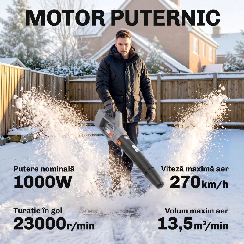 Outsunny Suflător cu Baterie 36V, Suflător de Frunze cu 2 Baterii 4Ah, Motor Brushless 1000W, 3 Niveluri de Viteză 270 km/h, Turbo Boost, Încărcător, Ușor, pentru Grădină, Frunze, Zăpadă, Praf