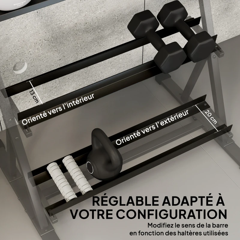 SPORTNOW Support pour haltères à 3 niveaux, support de poids réglable en acier pour haltères, kettlebells, noir