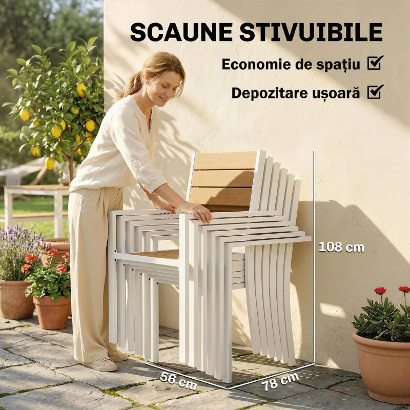 Outsunny Set Masă și Scaune de Grădină 7 Piese, Set Prânz Exterior din Aluminiu cu 6 Scaune Stivuibile, Masă cu Șipci Imitatie Lemn, pentru Terasă, Balcon, Patio, Teak