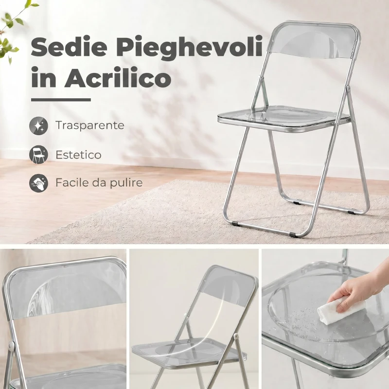HOMCOM Set da 4 Sedie Pieghevoli in Acrilico Trasparenti, Grigio