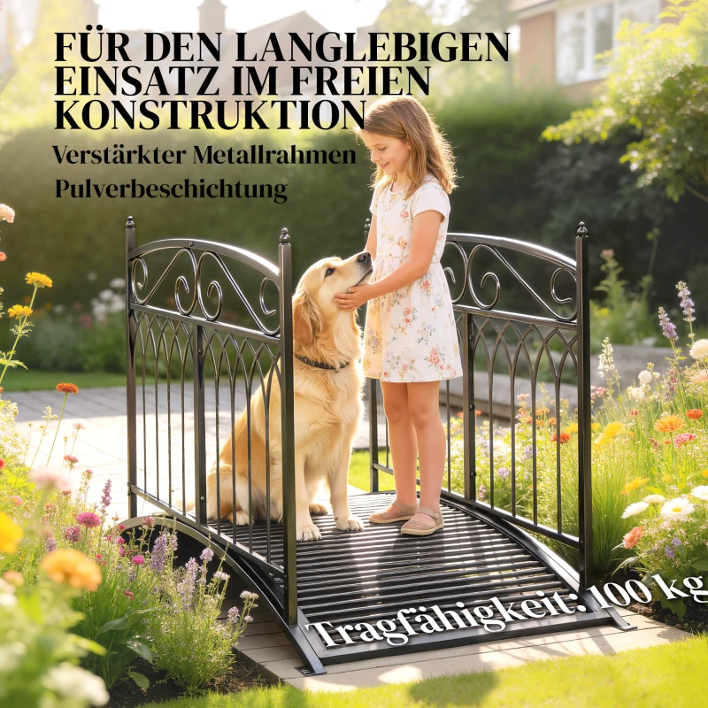Outsunny Gartenbrücke aus Metall 135,5 cm Teichbrücke mit Sicherheitsgeländern Antik-Optik Rostbeständig einfache Montage