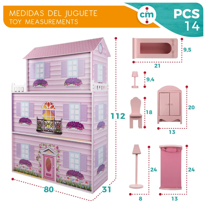 Casa de Muñecas de Madera WOOMAX 3 Plantas, 5 Estancias, 80x31x112 Cm, Rosa