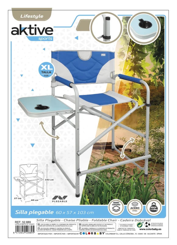 Silla de Director Plegable XL con Mesa Lateral y Reposapiés, 58x57x103 Cm, Azul y Gris