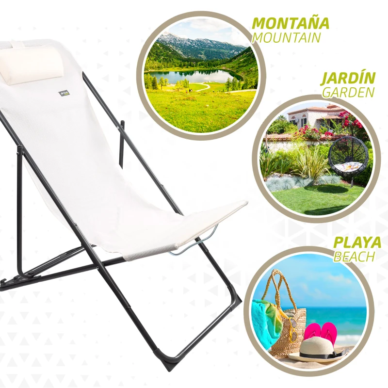 Silla Hamaca Plegable Multiposición con Cojín y Asa, 53x78x87 Cm, Blanco