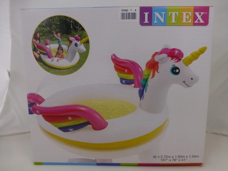 Piscina Hinchable Infantil Unicornio con Pulverizador y Tapón, 193x272x104 Cm, Multicolor
