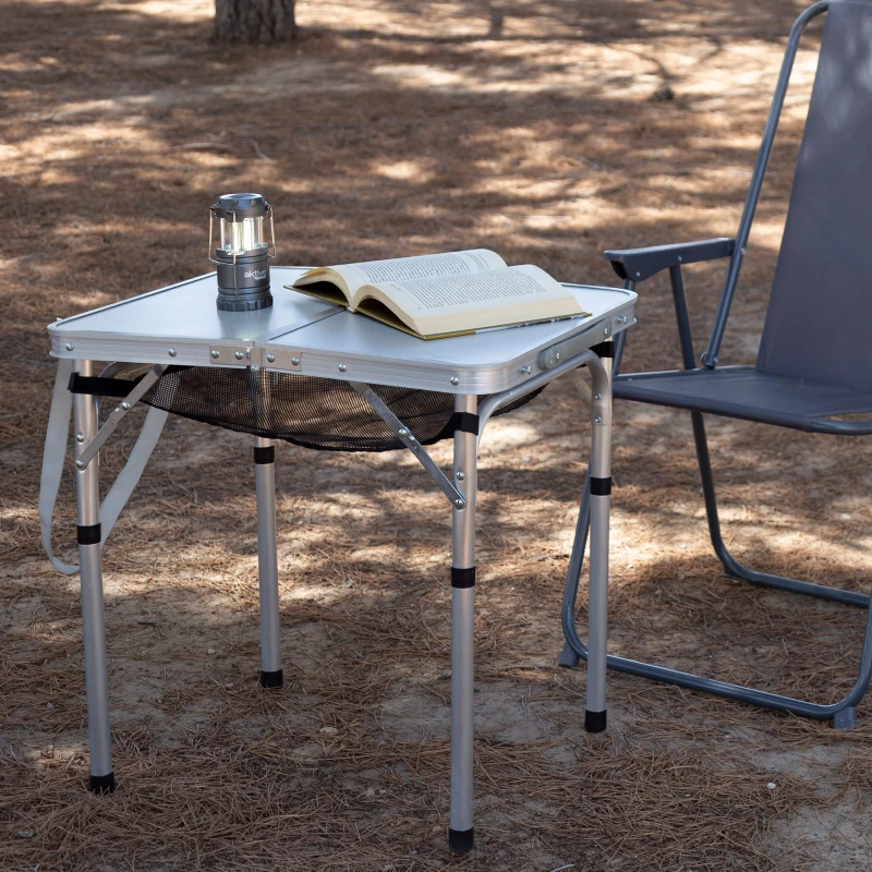 Mesa Plegable Camping Maletín Antideslizante con Red Auxiliar, 45x30x6,5 Cm, Beige
