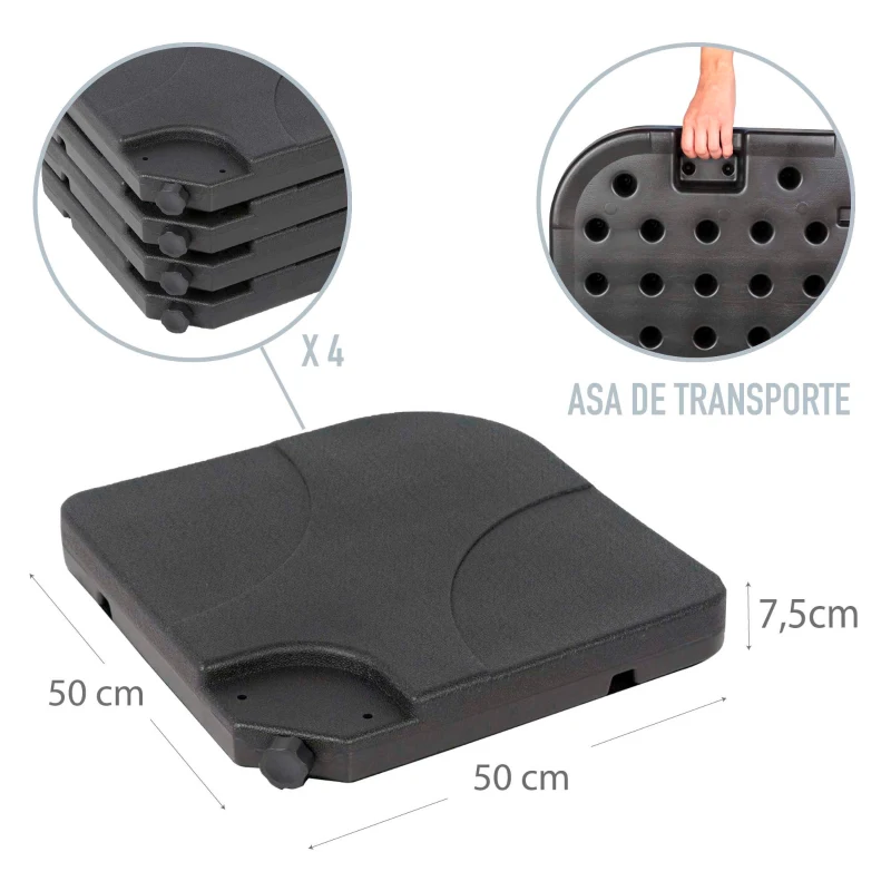 Base Parasol Rellenable Cuadrada 4 Piezas 50x50x7,5 Cm, Negro
