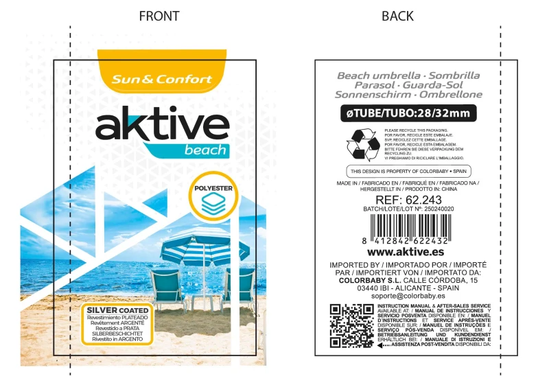 Sombrilla Playa Aktive, 8 Varillas Fibra de Vidrio, Mástil Inclinable, Ø180 Cm, Coral