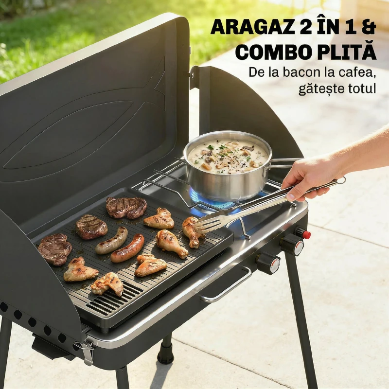 Outsunny Grătar barbecue compact cu arzător pentru camping