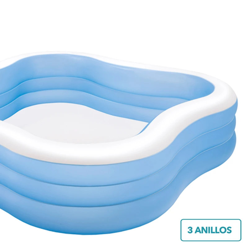 Piscina Hinchable Intex Cuadrada 3 Aros Ondulados 229x229x56 Cm, Azul y Blanco