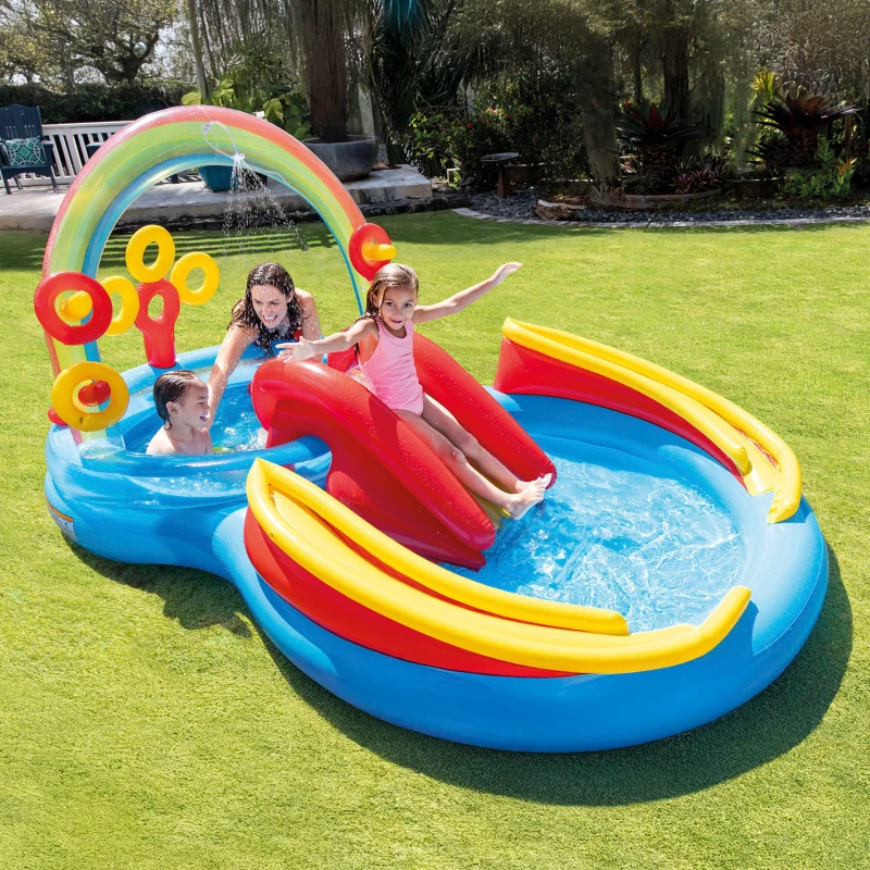 Centro de Juegos Hinchable INTEX con Tobogán y Doble Piscina, 297x193x135 Cm, Arcoíris
